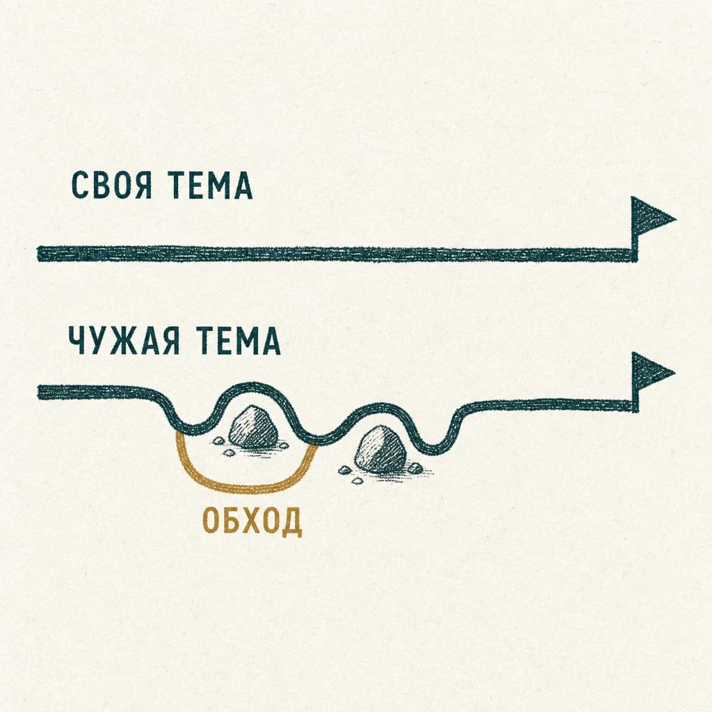 Две линии ведут к флажкам: верхняя, «СВОЯ ТЕМА», идёт прямо; нижняя, «ЧУЖАЯ ТЕМА», петляет вокруг камней, и одна петля выделена латунью с подписью «ОБХОД»