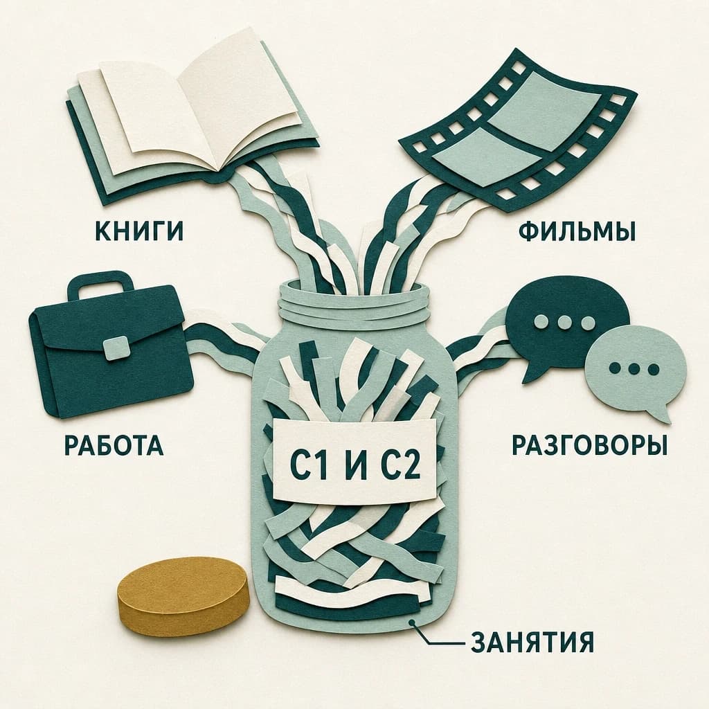 Бумажная банка с надписью «C1 и C2»: на дне тонкий слой «Занятия», а сверху в неё текут бумажные ленты от книги, киноплёнки, портфеля и облачков речи с подписями «Книги», «Фильмы», «Работа», «Разговоры»