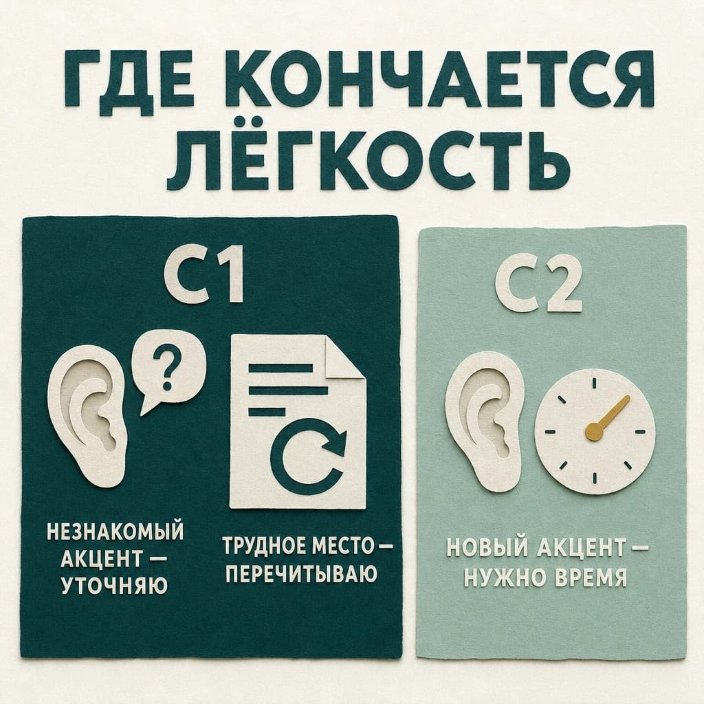 Заголовок «Где кончается лёгкость» и две бумажные карточки: на карточке C1 ухо с вопросом и подпись «Незнакомый акцент — уточняю», страница со стрелкой и подпись «Трудное место — перечитываю»; на карточке C2 ухо и часы с подписью «Новый акцент — нужно время»
