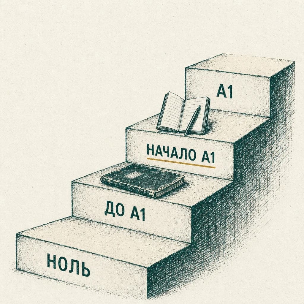 Лестница из четырёх ступеней с подписями «ноль», «до A1», «начало A1», «A1»: нижняя ступень пустая, на второй лежит старая школьная тетрадь, на третьей раскрытый блокнот с ручкой