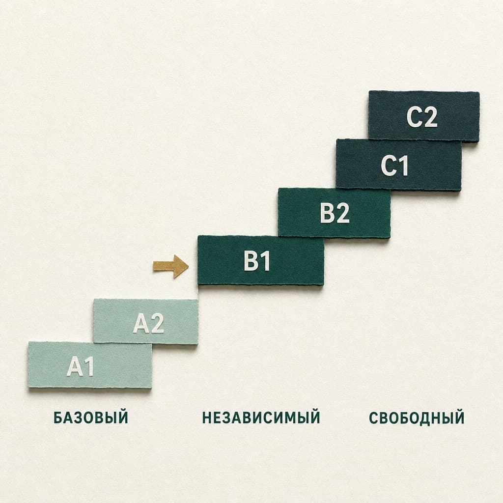 Лестница из шести бумажных ступеней с подписями A1, A2, B1, B2, C1, C2; под парами ступеней слова «БАЗОВЫЙ», «НЕЗАВИСИМЫЙ» и «СВОБОДНЫЙ», между A2 и B1 самый высокий уступ, и на ступень B1 указывает латунная стрелка