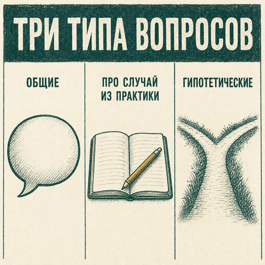 Три типа вопросов на собеседовании: общие, про случай из практики и гипотетические, каждому свой знак — реплика, раскрытая тетрадь и развилка тропы