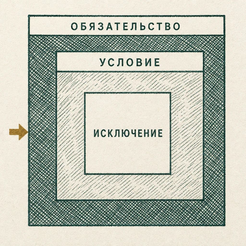 Гравюра: три прямоугольные рамки, вложенные одна в другую; на внешней, залитой плотной штриховкой, подпись «ОБЯЗАТЕЛЬСТВО», на средней с редкой штриховкой — «УСЛОВИЕ», в чистом прямоугольнике в центре — «ИСКЛЮЧЕНИЕ», слева на него указывает маленькая латунная стрелка