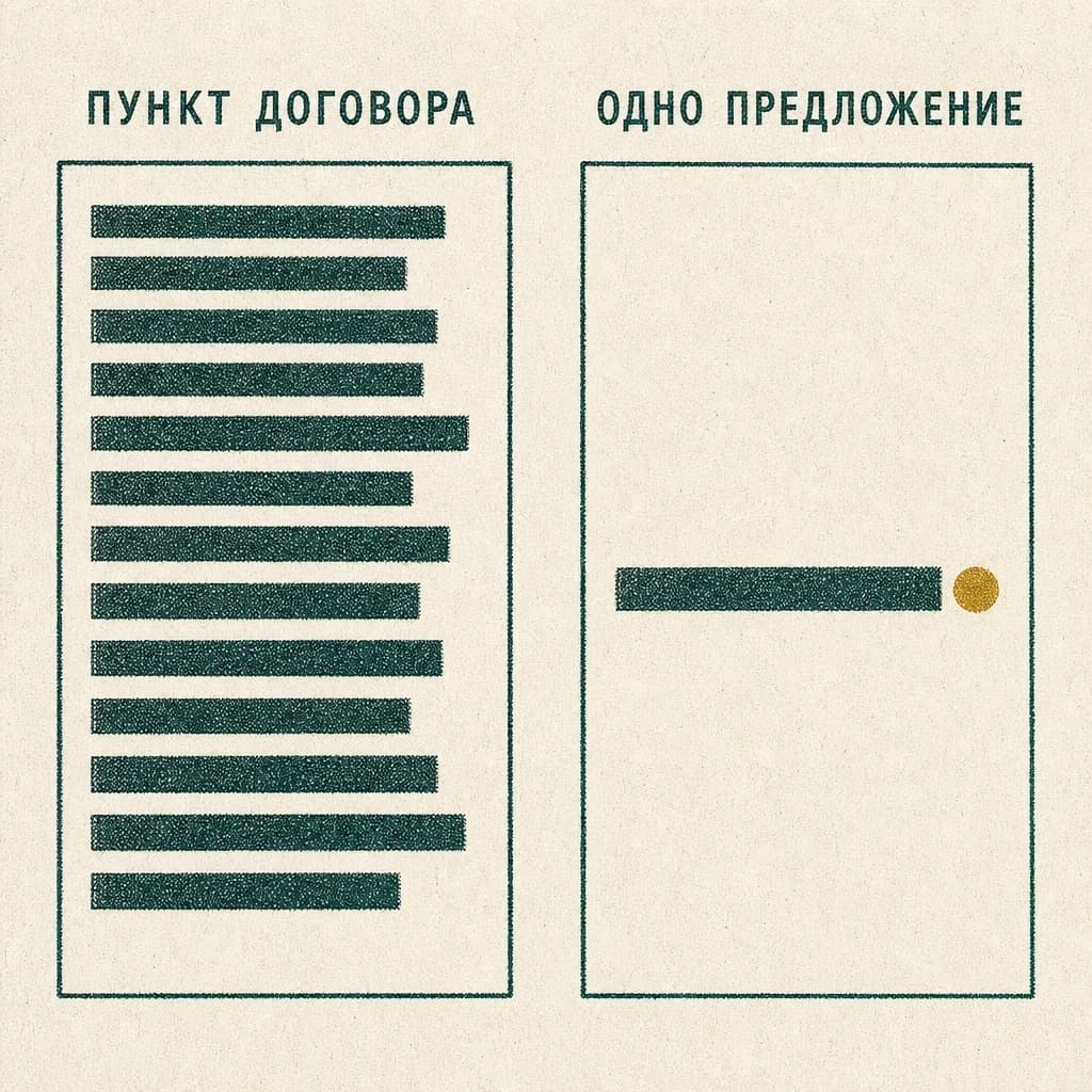 Гравюра: две одинаковые рамки рядом, над левой подпись «ПУНКТ ДОГОВОРА» и внутри неё плотно уложенные тёмные полосы разной длины, над правой подпись «ОДНО ПРЕДЛОЖЕНИЕ» и внутри одна короткая полоса посередине с латунной точкой на конце