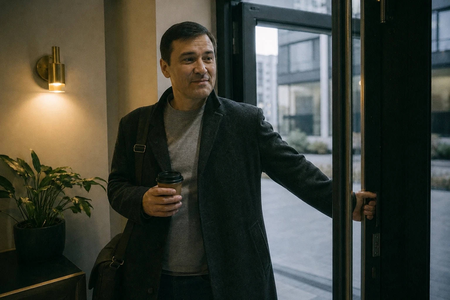 Как ответить на спасибо на английском: мужчина придерживает стеклянную дверь холла и с улыбкой отвечает на благодарность человеку за кадром