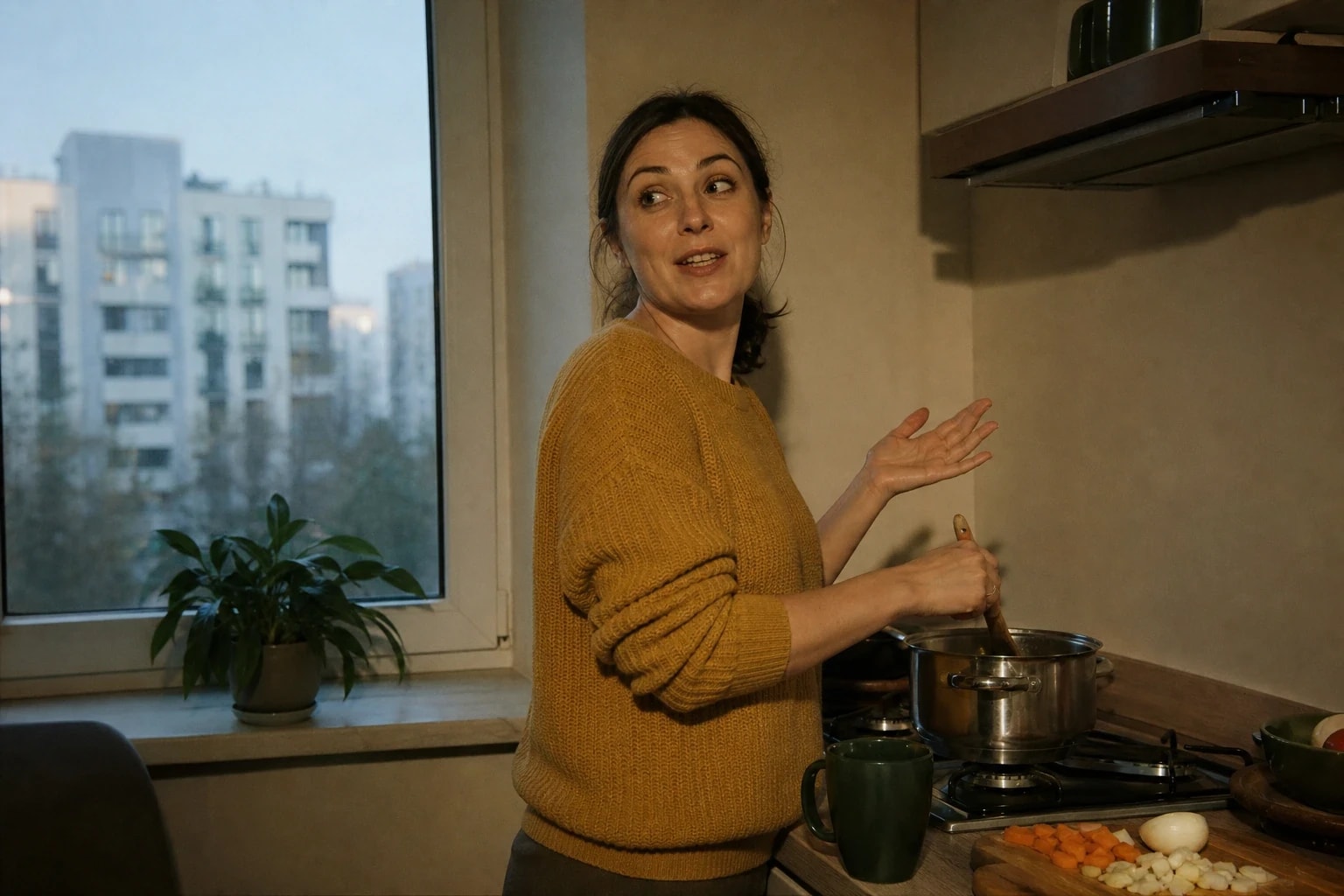 Настоящее время в английском языке: женщина в горчичном свитере на кухне у окна помешивает суп и через плечо рассказывает что-то собеседнику