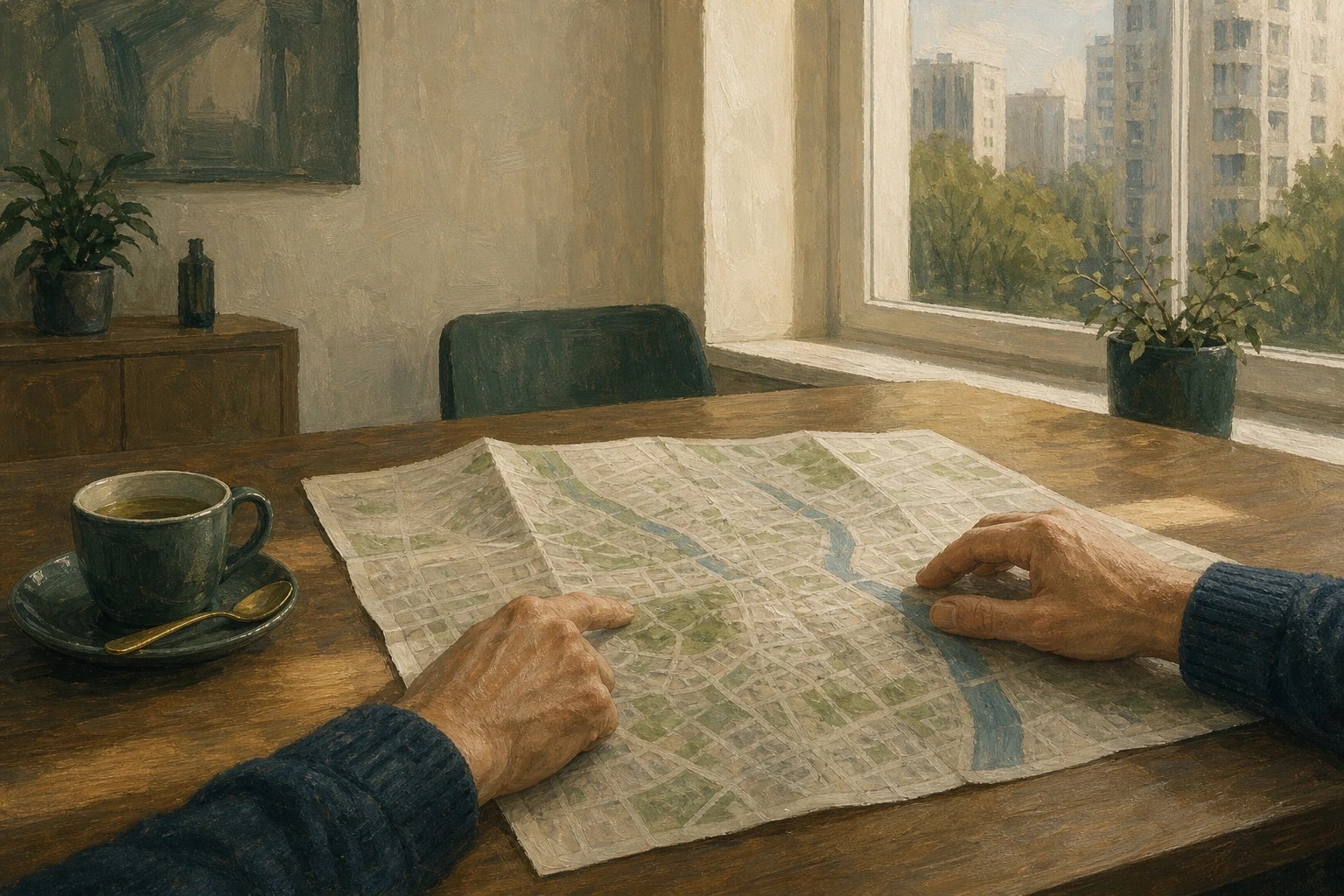 There is / there are: руки над бумажной картой города на столе у окна, палец показывает на зелёный парк, рядом чашка чая