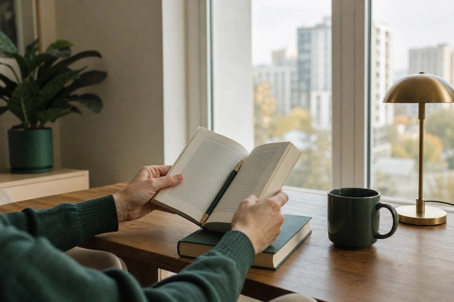 B2 уровень английского: руки в тёмно-зелёном свитере держат раскрытую книгу с ручкой в развороте над деревянным столом у большого окна, рядом тёмно-зелёная кружка и латунная настольная лампа, за окном городские дома