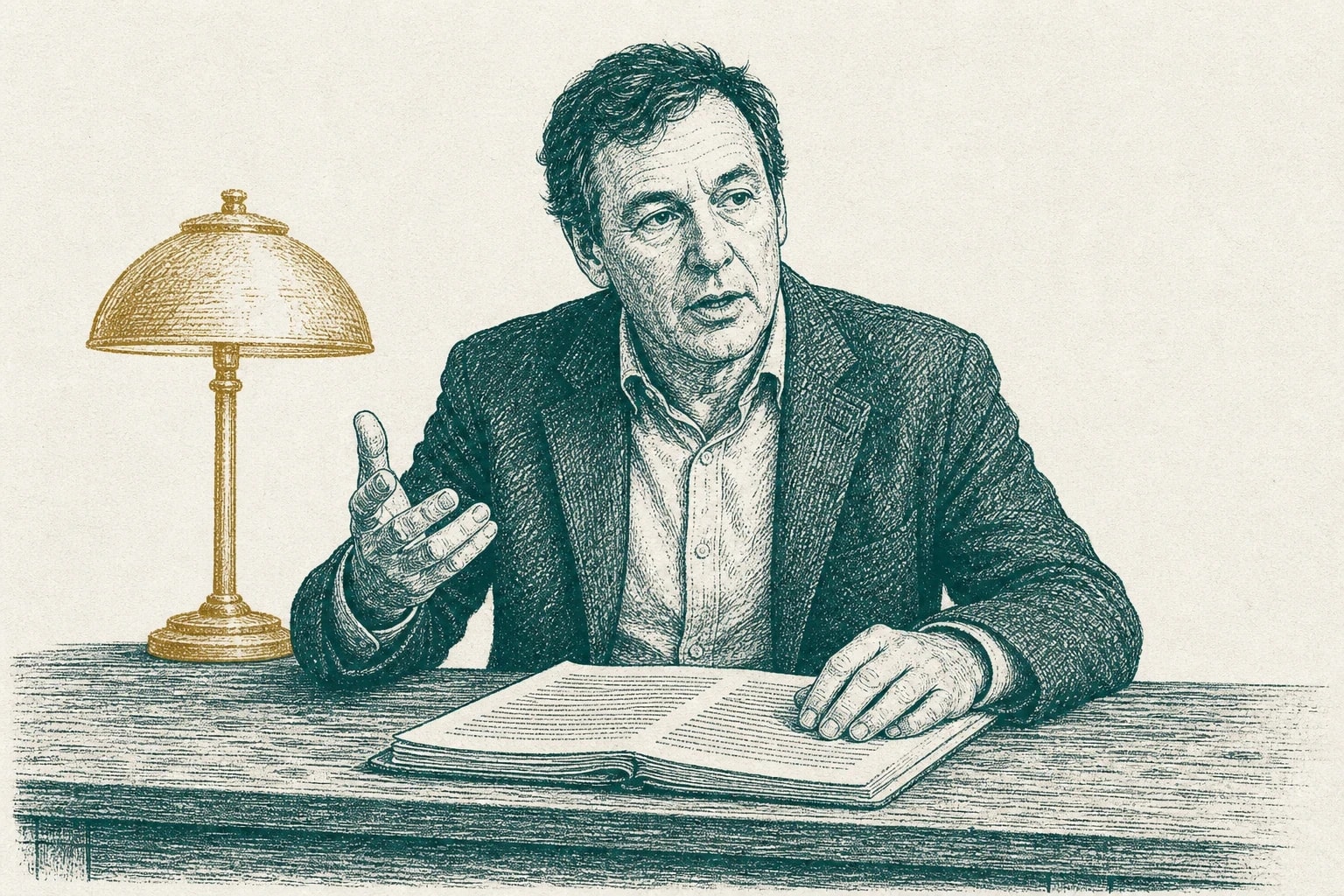 Юридический английский: гравюра, мужчина около пятидесяти за письменным столом говорит, приподняв руку в объясняющем жесте, вторая рука лежит на раскрытом сшитом документе, позади него настольная лампа латунного цвета