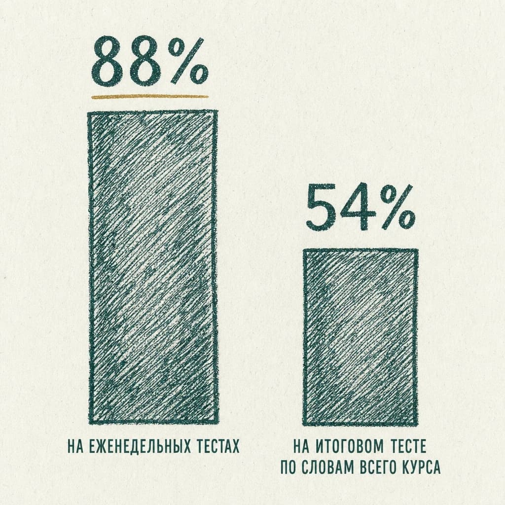Гравюра, два столбца: 88% верных ответов на еженедельных тестах и 54% на итоговом тесте по словам всего курса