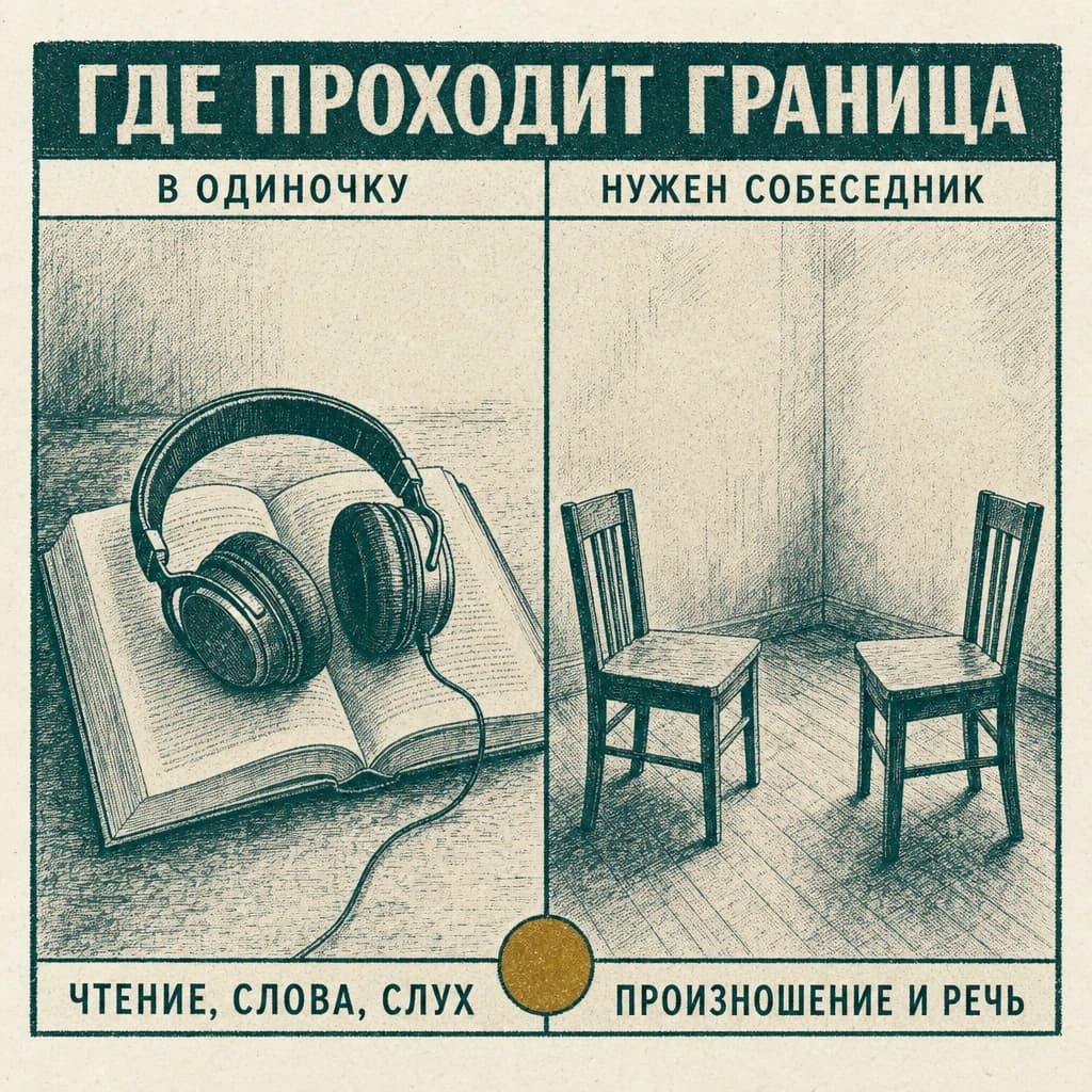 Схема: слева книга с наушниками — осваивается в одиночку, справа два стула — нужен собеседник