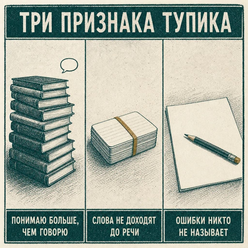 Три признака тупика: стопка книг и крошечная реплика, нетронутые карточки, чистый лист с карандашом