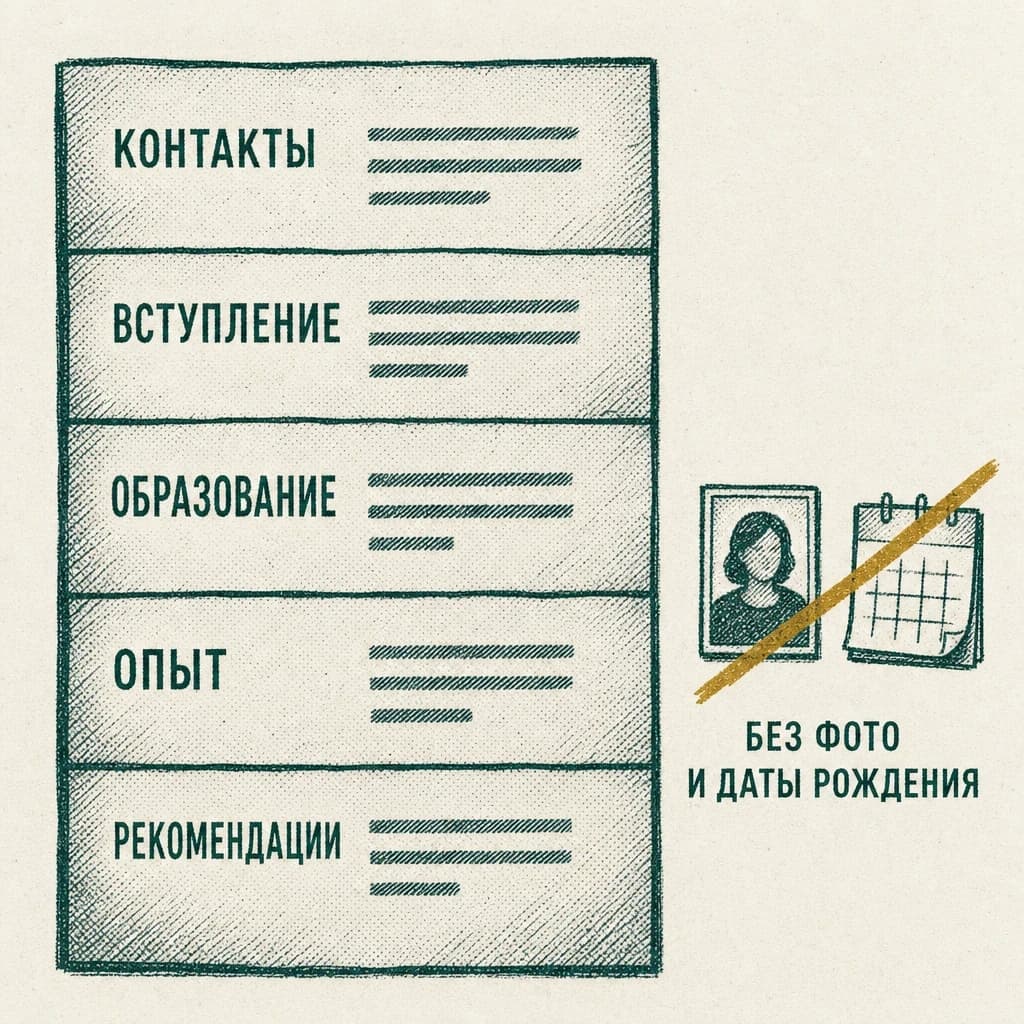 Схема резюме: пять секций по порядку — контакты, вступление, образование, опыт, рекомендации — и отметка «без фото и даты рождения»