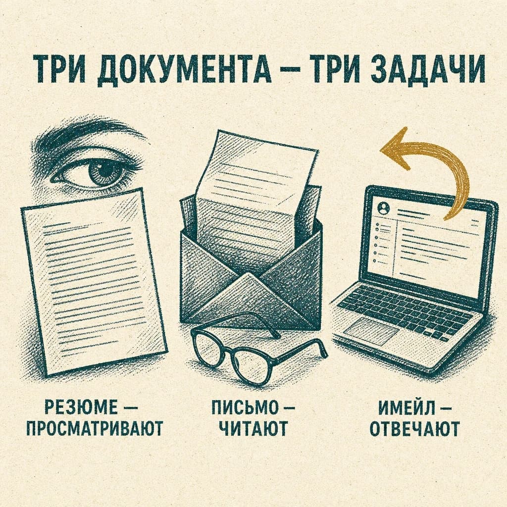 Три документа и три задачи: резюме просматривают, письмо читают, на имейл отвечают
