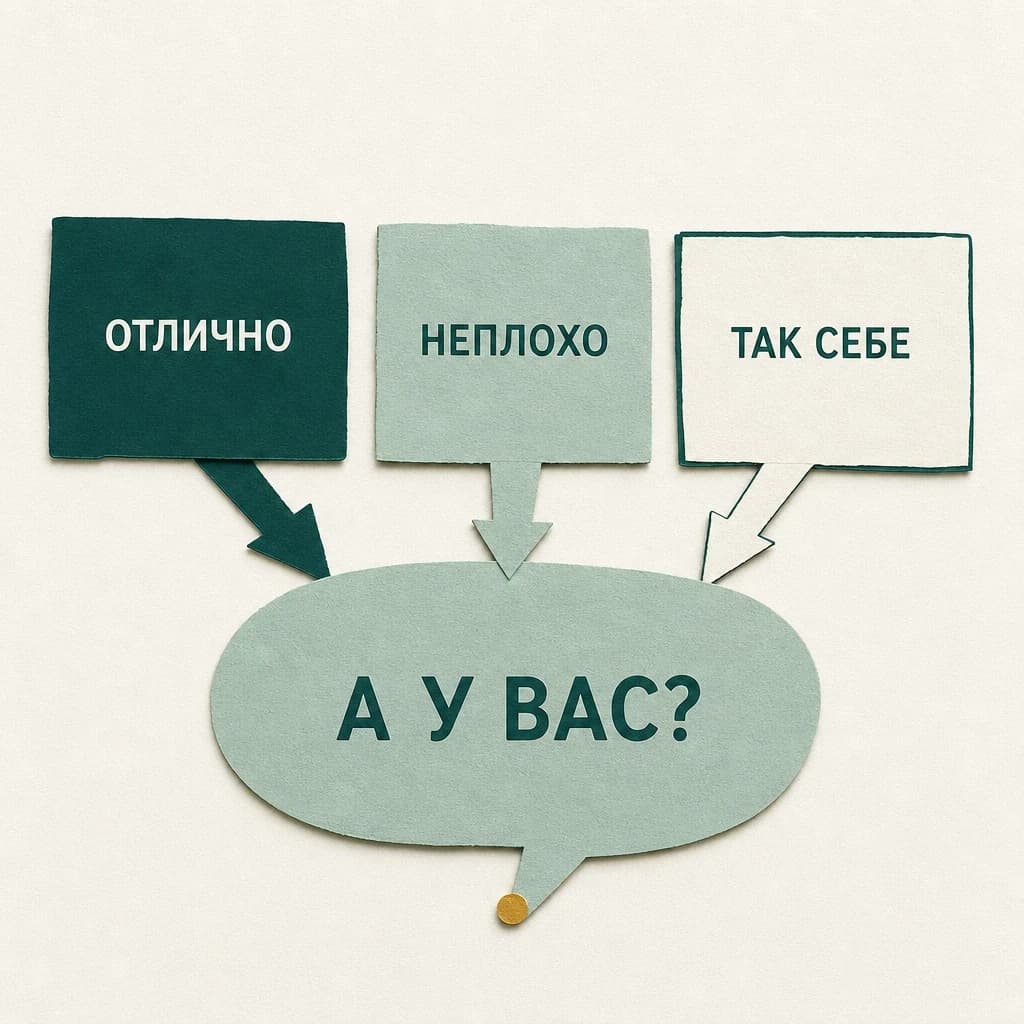 Аппликация: три карточки «Отлично», «Неплохо» и «Так себе» стрелками сходятся к одному облачку реплики «А у вас?»