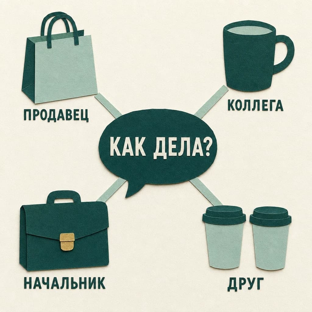 Аппликация: облачко реплики «Как дела?» в центре и четыре предмета с подписями «Продавец», «Коллега», «Начальник», «Друг»