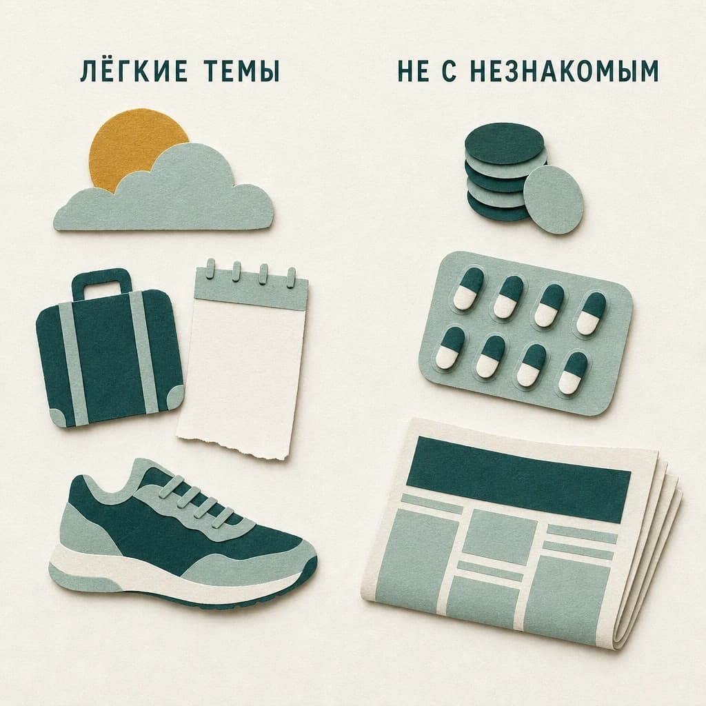 Аппликация: слева лёгкие темы — солнце с облаком, чемодан, листок календаря, кроссовок; справа темы не для незнакомых — монеты, таблетки, газета
