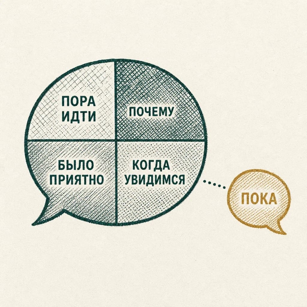 Гравюра: облачко реплики из четырёх частей «Пора идти», «Почему», «Было приятно», «Когда увидимся» и после него маленькое облачко «Пока»