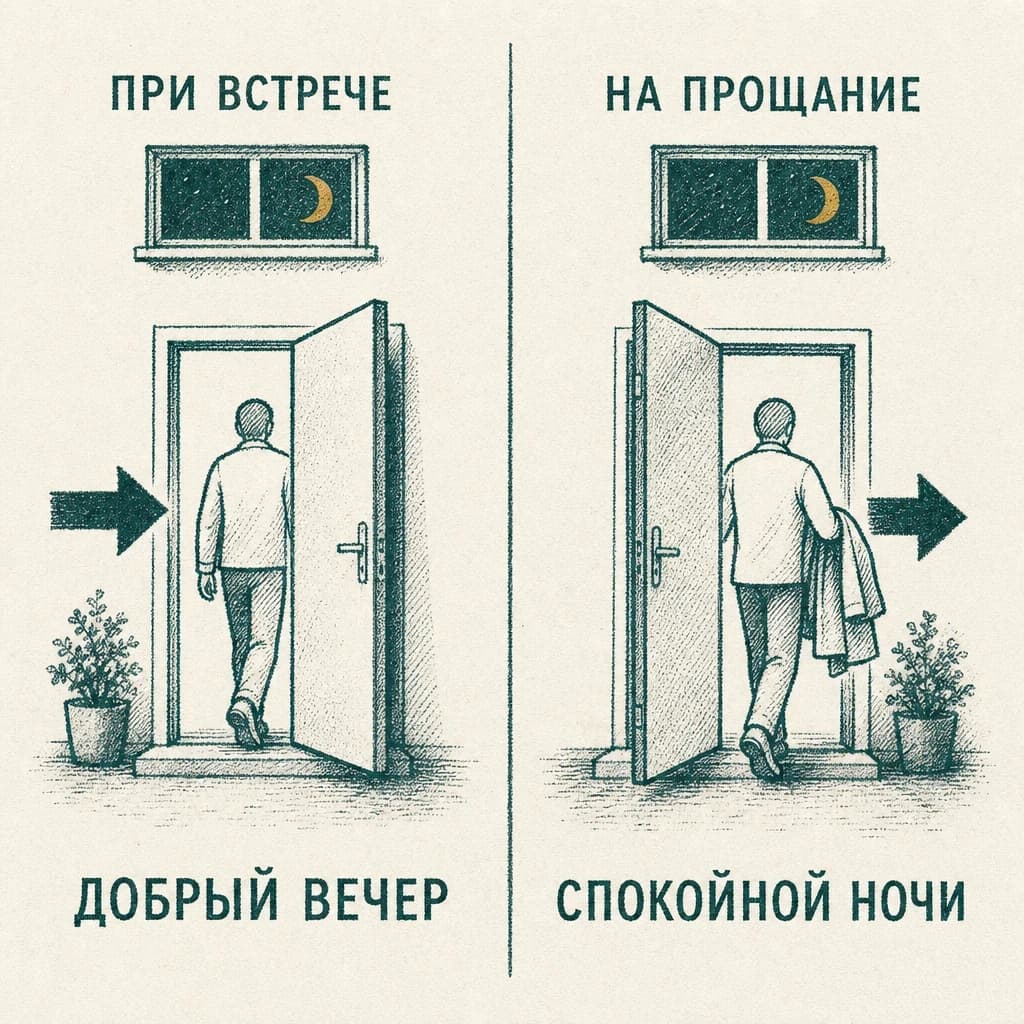 Гравюра: одна дверь вечером дважды, слева вход с подписью «При встрече: добрый вечер», справа выход с подписью «На прощание: спокойной ночи»