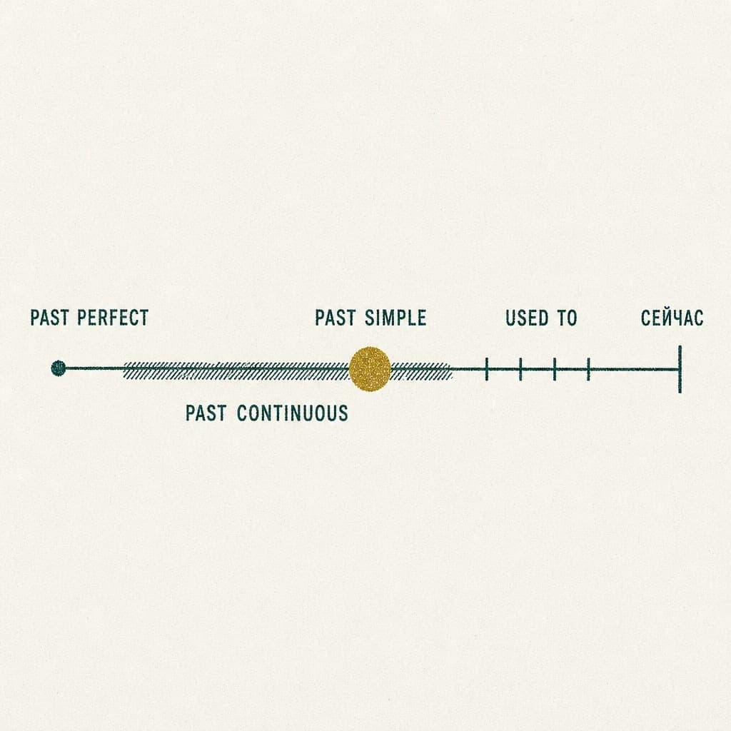 Гравюра: линия времени до «сейчас» с отметками Past Perfect, Past Continuous, Past Simple и used to