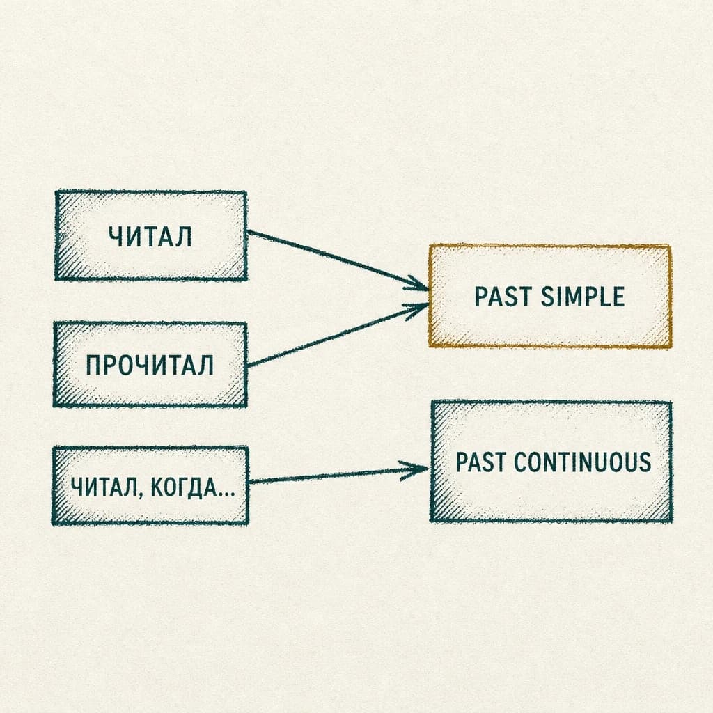 Гравюра: русские «читал» и «прочитал» ведут к Past Simple, «читал, когда…» — к Past Continuous