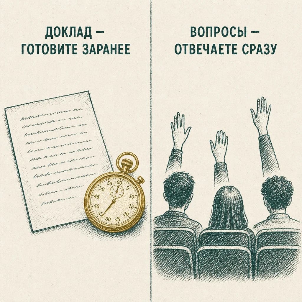Гравюра: слева лист с текстом и секундомер с подписью «Доклад — готовите заранее», справа поднятые руки над рядами кресел с подписью «Вопросы — отвечаете сразу»
